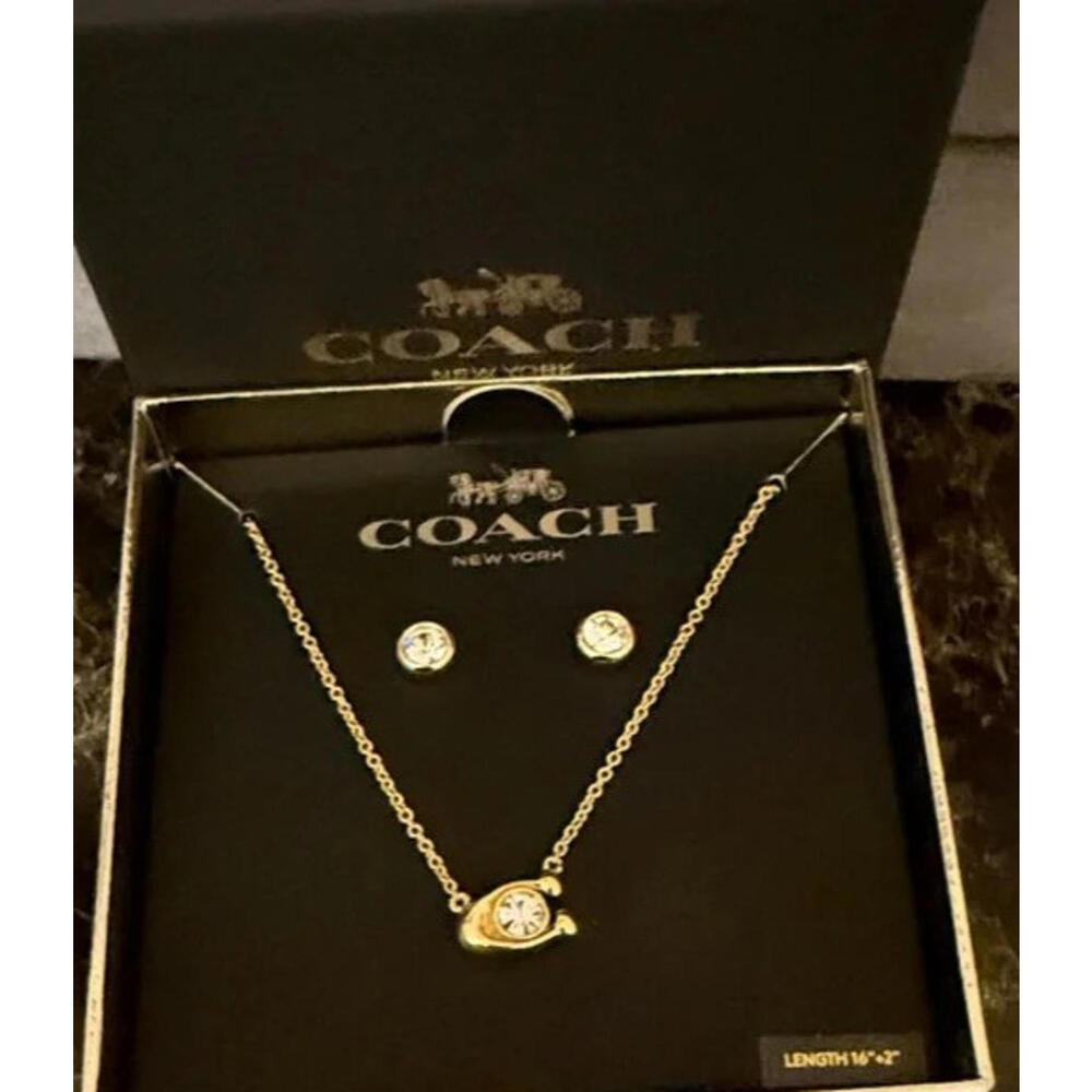 Coach Signature C Necklace & Stud Earrings Set Gold Tone Crystal Logo New - Picture 4 of 5